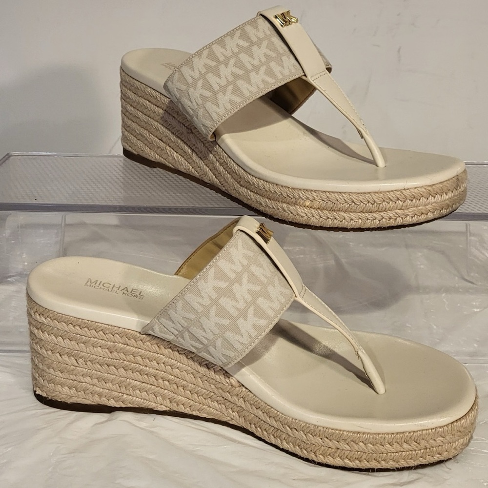 MICHAEL Michael Kors Cream Canvas Logo Espadrille Wedge Sandals